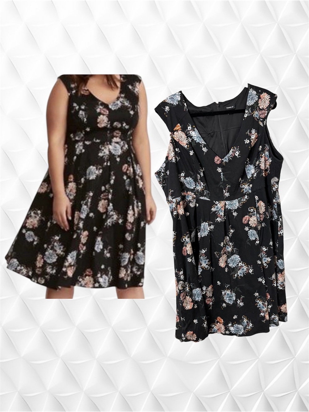 torrid 24 Black Floral V-Neck Sleeveless Midi Dress with Blue and Blush Flowers